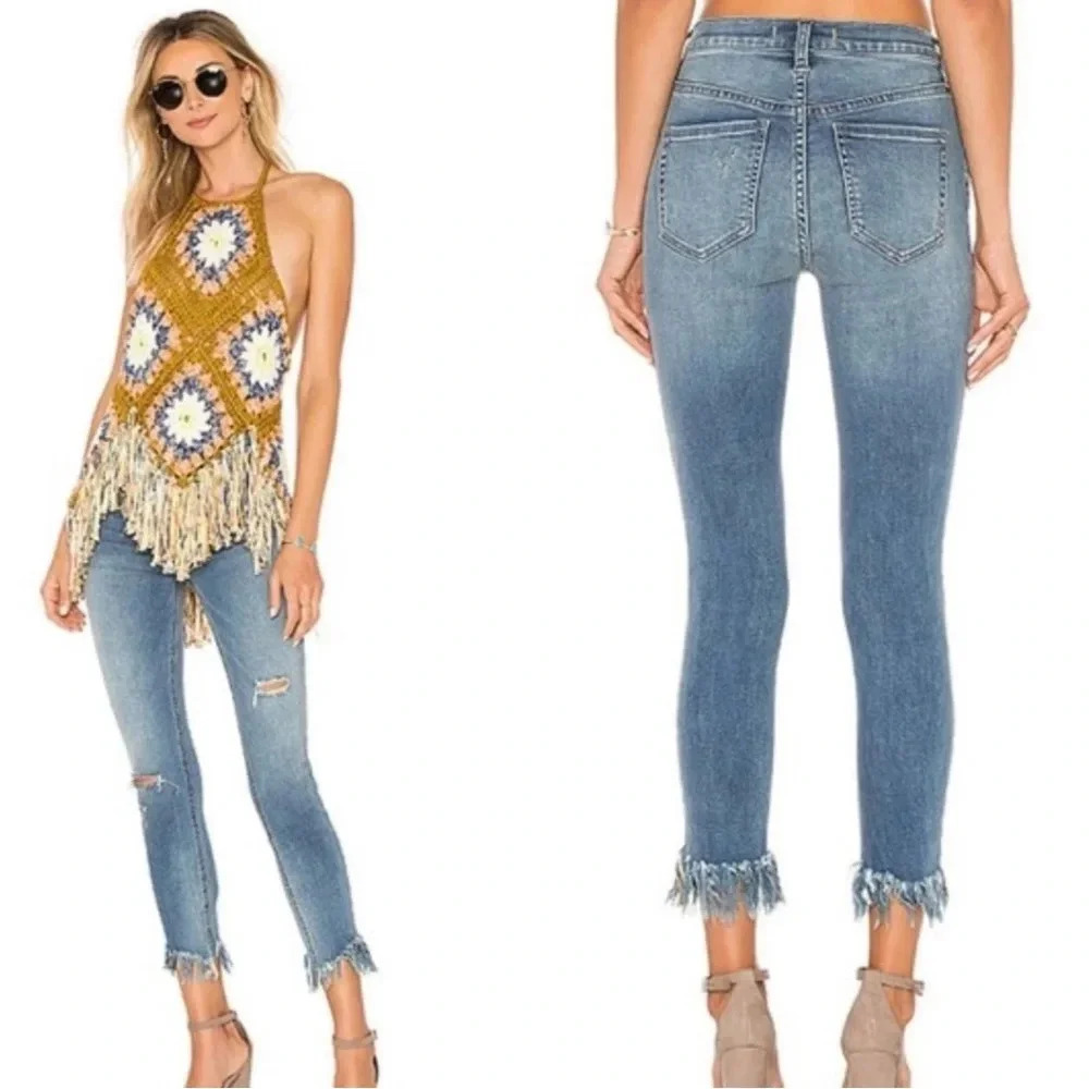Free People Great Heights Frayed Skinny Blue Sky Cropped Distressed Boho